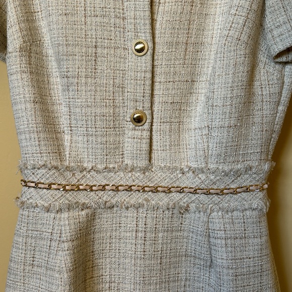 MARCIANO • tweed beige gold chain Chanel-inspired mini dress collar button down - Picture 2 of 9